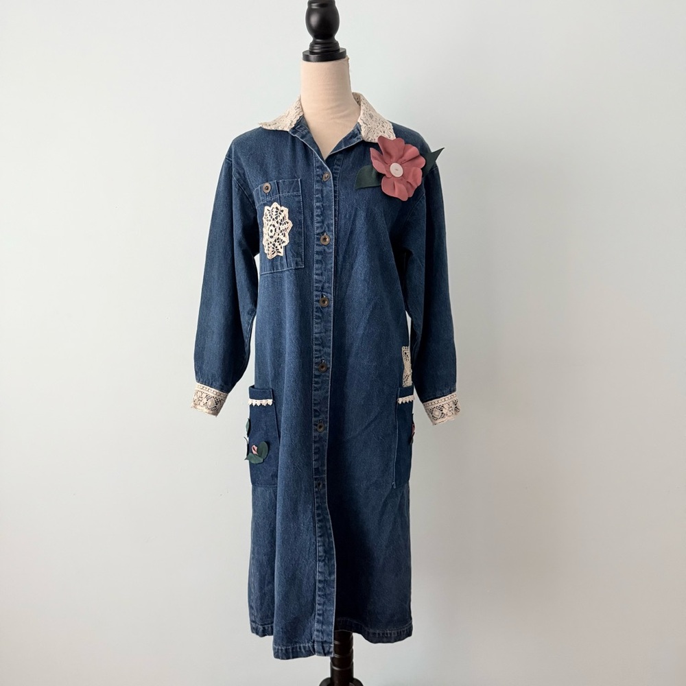 🌸 Grandma Core Reworked Denim Midi Dress Lace Butterfly Cottagecore 🦋 - Picture 2 of 15
